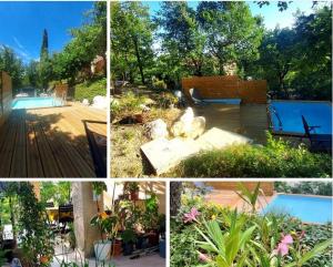 a collage of four pictures of a yard with a pool at Entre Terrasses et Restanque - Pierrevert in Pierrevert