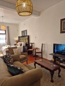 a living room with a couch and a tv at Open plan apartment in Muizenberg in Muizenberg