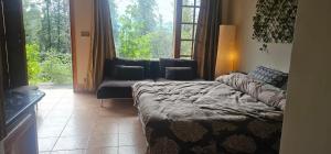 a bedroom with a bed and a couch and a window at Green's Cottage in Nathia Gali