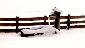 a bench covered in snow next to a fence at Urgemütliche Lennkhütte in Rauris