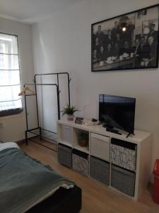 a living room with a tv on a white cabinet at Cosy Studio flat in the centre of Colditz in Colditz