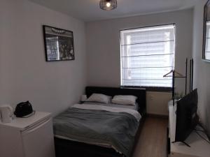 a small bedroom with a bed and a window at Cosy Studio flat in the centre of Colditz in Colditz +36 photos