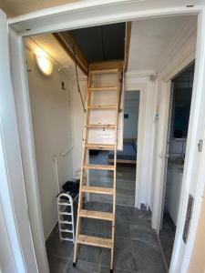a ladder in a room with a bunk bed at KissKovács Lak in Cserkeszőlő