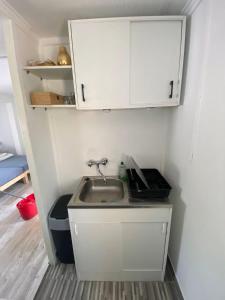 a kitchen with a sink and a cabinet at KissKovács Lak in Cserkeszőlő