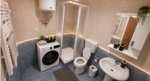 a bathroom with a shower toilet and a sink at Urban Center Paraćin in Paraćin +3 photos