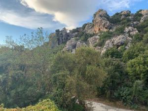 a rocky mountain with trees and a dirt road at Elis superb house in Psathíon