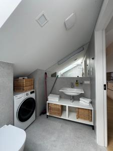 a bathroom with a sink and a washing machine at V7 Apartamentai Nidoje in Nida