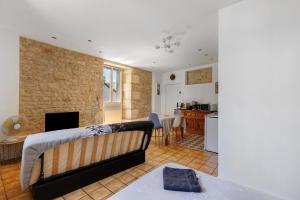 a living room with a couch and a fireplace at Studio 5 - 3 min du Futuroscope in Chasseneuil-du-Poitou