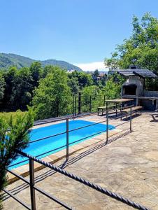 a swimming pool with a picnic table and a grill at Креси in Yaremche