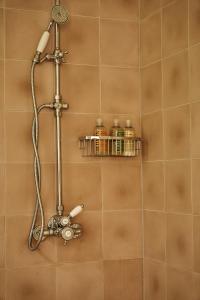 a shower with a shower head and a shelf with toiletries at Josty Frederiksberg in Copenhagen +34 photos