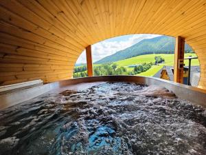 a jacuzzi tub with a view of the mountains at Salaš Syrex in Zázrivá