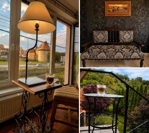 two pictures of a room with a table and a window at Contact Apartman in Bardejov