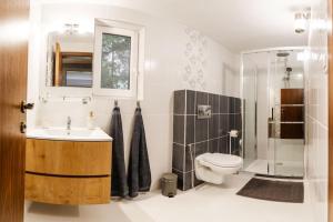 a bathroom with a toilet and a sink and a shower at Apartmány Slanica in Námestovo +38 photos