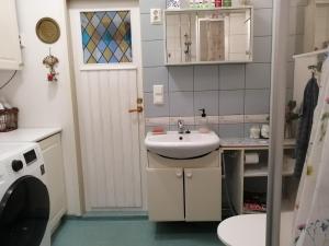 a small bathroom with a sink and a washing machine at Foggy Island B&B in Kaskö