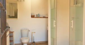 a bathroom with a toilet and a glass shower at Minavita - Vue mer, Plage à pied, Ruppione, Corse in Pietrosella