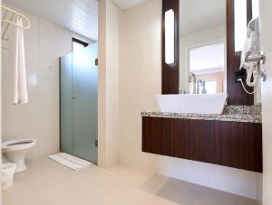 a bathroom with a sink and a toilet at Apartamento no Hotel Prinz in Joinville