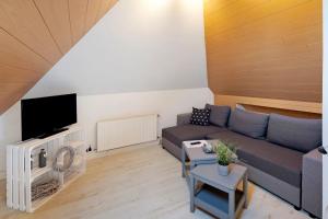 a living room with a couch and a tv at Ferienwohnung "Am Waldrand" in Bottrop