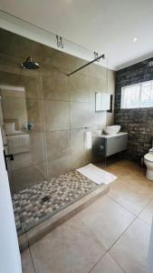 a bathroom with a shower with a sink and a toilet at Die Kothuis in Wolseley +12 photos
