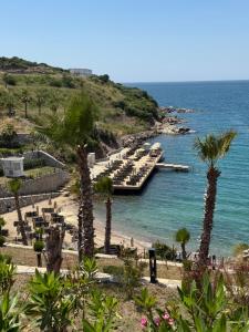 a view of a beach with palm trees and a dock at Helis Bodrum Residence in Milas