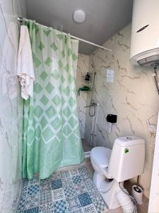 a bathroom with a toilet and a green shower curtain at East guest house in Tegermenti +34 photos