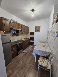 a kitchen with a table and a refrigerator at Apartman sunny green in Sveti Juraj