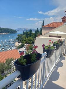 a row of plants on a balcony with a view of the water at Luxury room Sunset Cavtat in Cavtat