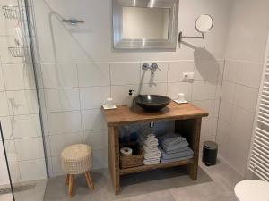 a bathroom with a sink and a shower at UNIEK Bommelgaard, guesthouse in het prachtige Rivierenland! in Hurwenen
