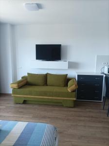 a living room with a green couch and a flat screen tv at Stefan - apartament studio in Saturn