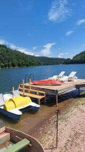 a group of boats parked at a dock on a lake at Cabana 325 in Cinciş