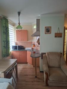 a kitchen with a couch and a table in a room at Apartment Hotel Rubini in Ventspils
