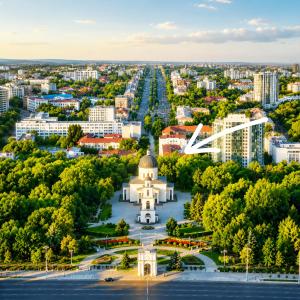 an aerial view of a city with a building at Central Apartment Facing the Cathedral in Chişinău +23 photos