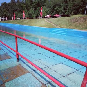 a swimming pool with a red rail in the water at Chata na kolech 4L v areálu Koupaliště Bystré v Orlických horách in Bystré +26 photos