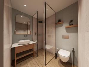 a bathroom with a shower and a sink and a toilet at Villa Emanouill Nopigia in Kissamos +27 photos
