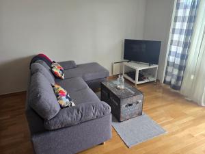 a living room with a couch and a tv at Sjønær leilighet med gangavstand til strand i Larvik in Larvik