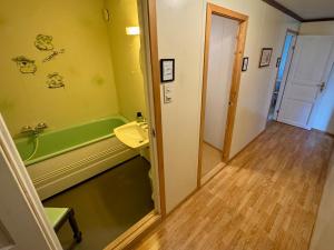 a bathroom with a green tub and a sink at Lofoten Light - Private Rooms with Shared Facilities in Gravdal +51 photos