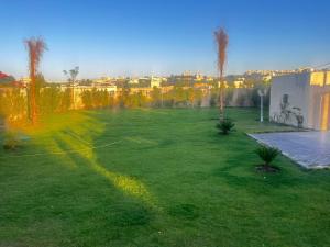 a green yard with palm trees and a building at Krir city villa in Alexandria
