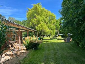 a garden with benches and trees on a sunny day at Landhaus Maltzien - Auszeit auf dem Land in Maltzien