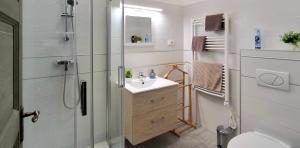 a bathroom with a shower and a sink and a toilet at M37 Apartman in Debrecen +24 photos