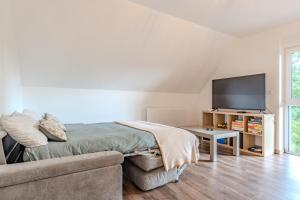a bedroom with a couch and a flat screen tv at L'évasion verte in Colroy-la-Roche