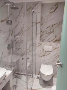 a bathroom with a shower with a toilet and a sink at Estelle Hotel in Gerakini +34 photos