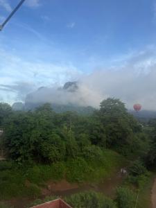 a view of a forest with hot air balloons in the sky at The Big Brother Mouse Hostel in Vang Vieng