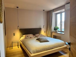 a bedroom with a large bed with a window at Le Piano dans la Vigne in Barr