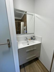 a bathroom with a sink and a mirror at L échappée bêle in Le Val-Saint-Père +9 photos