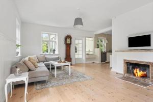 a living room with a couch and a fireplace at 20335-Samso-Marsk-Stigs-vej-4 in Tranebjerg