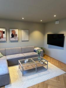 a living room with a couch and a tv at Apartment Lofoten, Leknes in Leknes