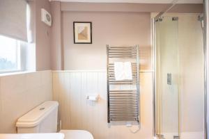 a bathroom with a white toilet and a shower at Fishermans Cottage, Aldeburgh in Aldeburgh +19 photos