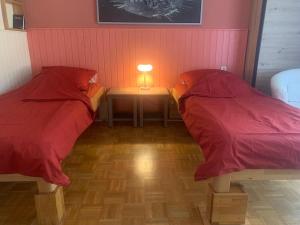a room with two beds and a table with a lamp at Haus Magnolia 2 in Kandern