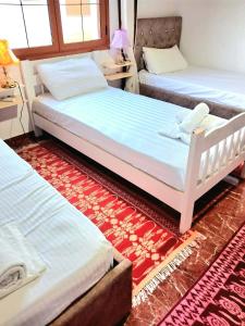 a room with two beds and a red carpet at Villa Rexho in Berat +49 photos