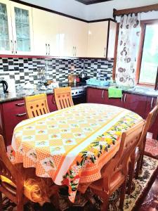 a kitchen with a table and two chairs and a kitchen with a table at Villa Rexho in Berat