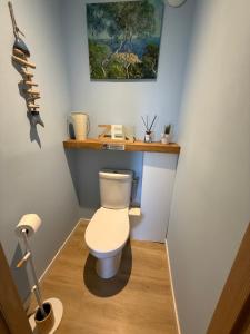 a bathroom with a toilet with a shelf above it at Casa Costa in Barbaggio +28 photos